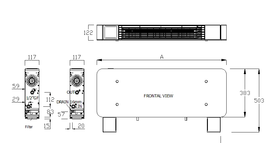 Diagramm der Abmessungen für MyCond silver glass low series bodenstehende Gebläsekonvektoren.
