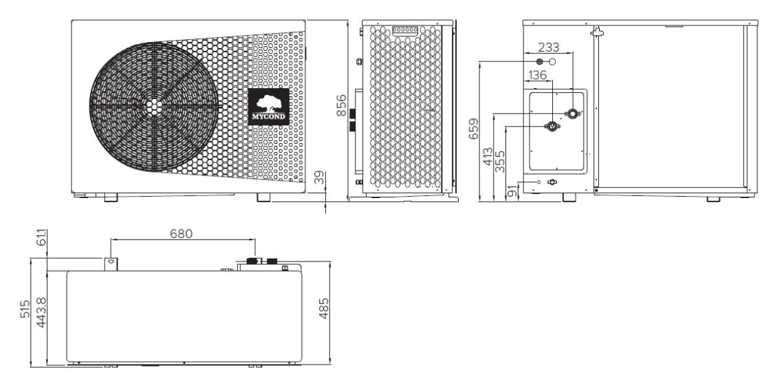 Diagramm mit den Abmessungen der kompakten Monoblock-Wärmepumpe MyCond BeeThermic.