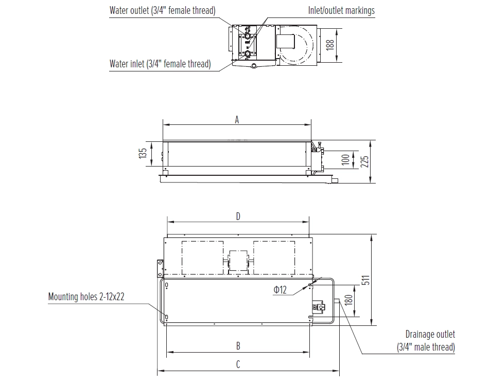 Diagramm mit den Abmessungen der Gebläsekonvektoren mit mittlerem Elektrofilter der Serie MyCond MCFC.