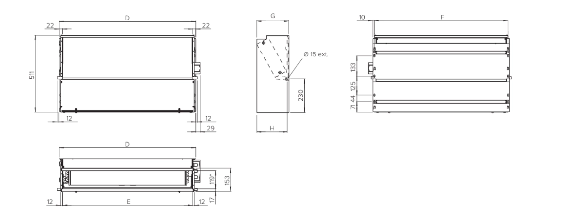 Diagramm mit den Abmessungen des Gebläsekonvektors der Serie MyCond SEC/F.