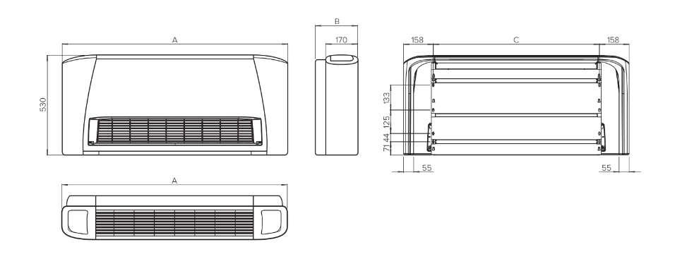 Diagramm mit den Abmessungen der Gebläsekonvektoren der Serie MyCond SEC/F.