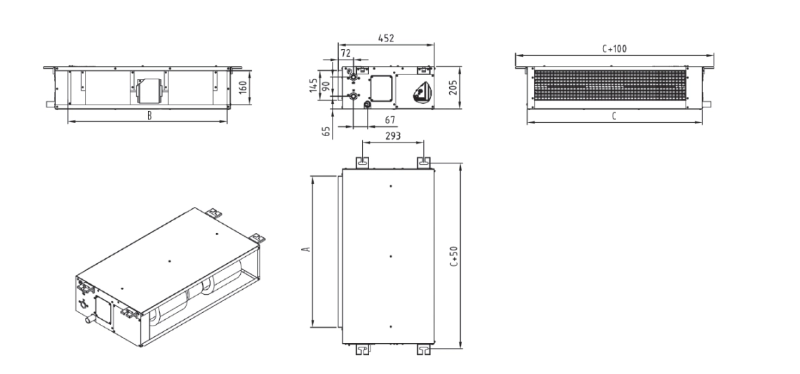 Diagramm mit den Abmessungen des Gebläsekonvektors der Serie MyCond MCFDS.