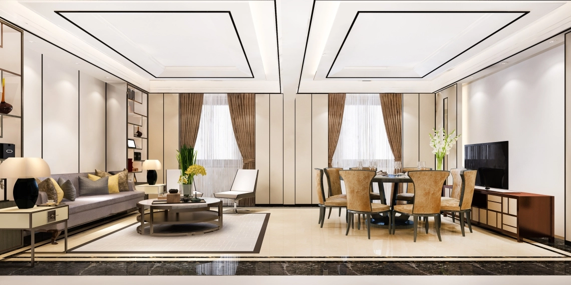 MyCond Ein luxuriöses, modernes Ess- und Wohnzimmer, in dem eine Wärmepumpe in die Einrichtung integriert ist.