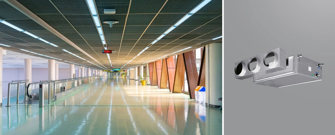 MyCond DFCL Ein Gebläsekonvektor mit hohem ESP, der auf einem Flughafen installiert ist.