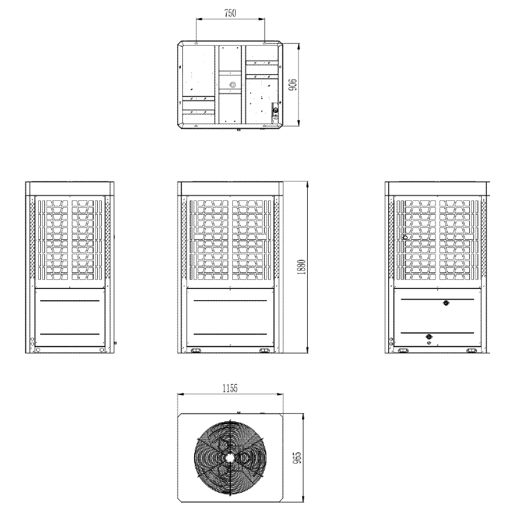 MyCond Diagramm mit Abmessungen der Propan MCU-YHP Erweiterungsmodule.