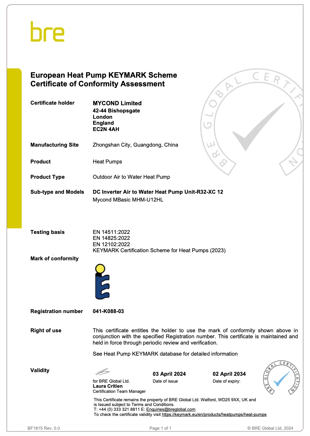 MyCond MBasic Konformitätsbescheinigung KEYMARK