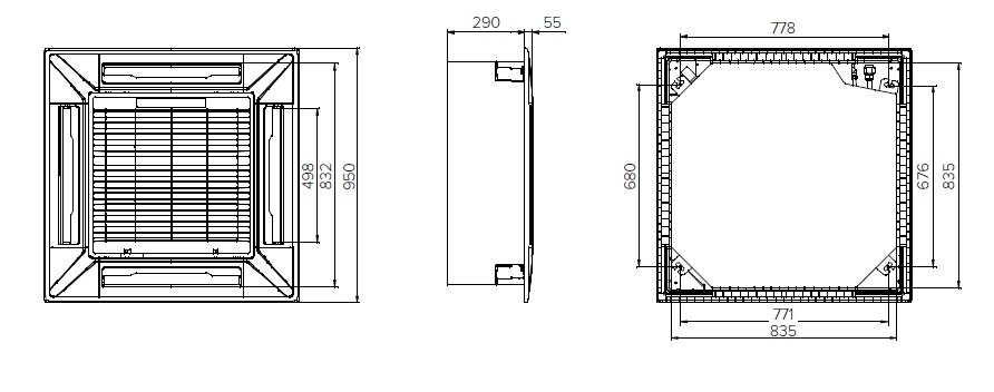 MyCond MCFK-T2 Schlankes, elegantes Design eines 4-Wege-Kassetten-Ventilatorkonvektors für die Decke.