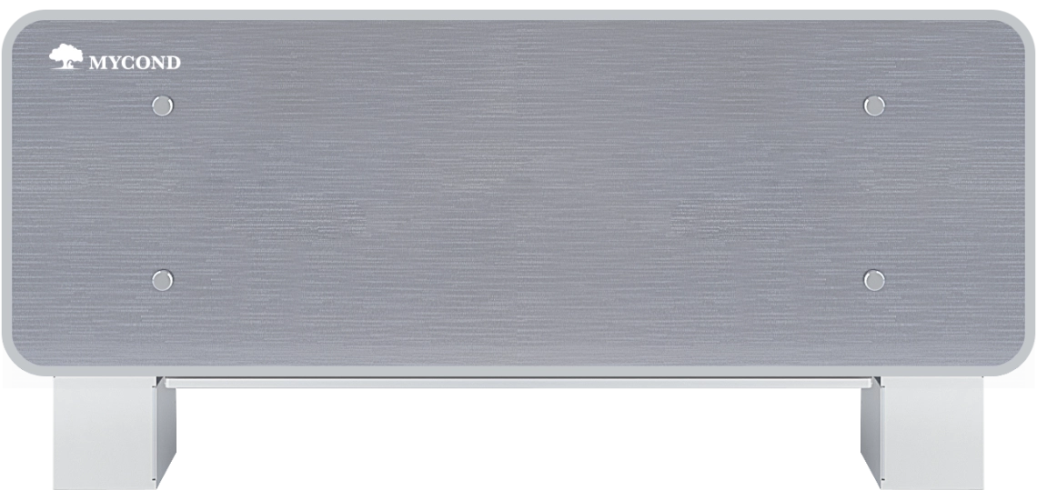 MyCond Silver Glass Low Eleganter Gebläsekonvektor aus silbernem Glas für effiziente Klimatisierung.