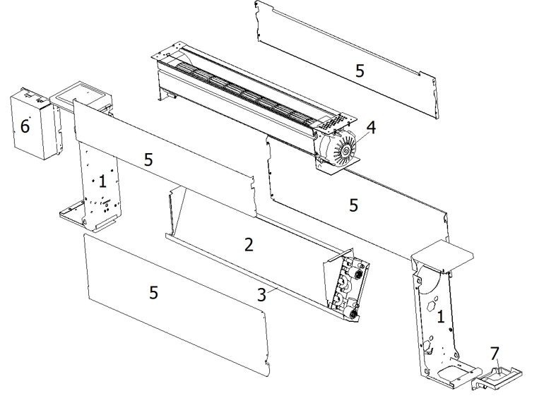 Schema eines ultradünnen, bodenstehenden Gebläsekonvektors der Serie MyCond Silver Glass Low.